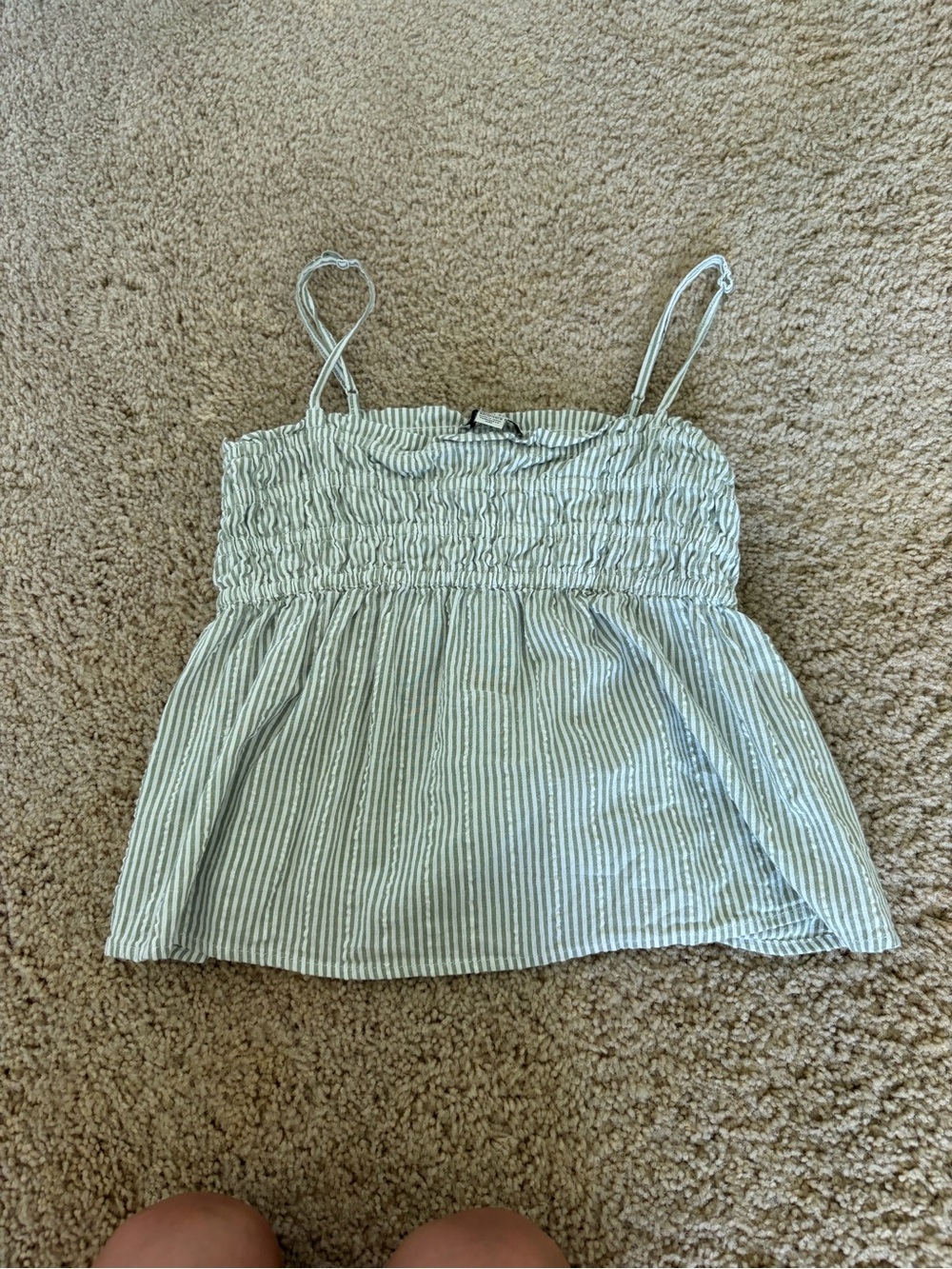 American Eagle Outfitters Green & White Striped Smocked Cami
